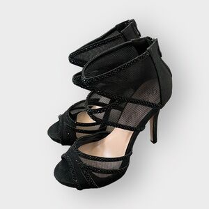 De Blossom Collection Black Rhinestone Mesh Stiletto Heels